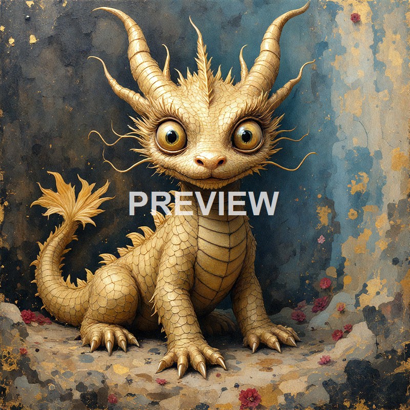 A small, mythical creature resembling a dragon with large, expressive eyes, golden scales, and multiple horns, sitting on a rocky surface with a textured, abstract background.